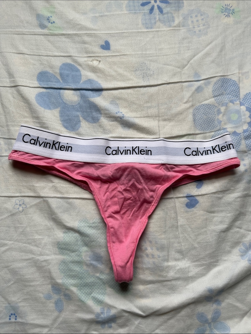 Calvin Klein Pink Cotton Thong with White Logo Waistband